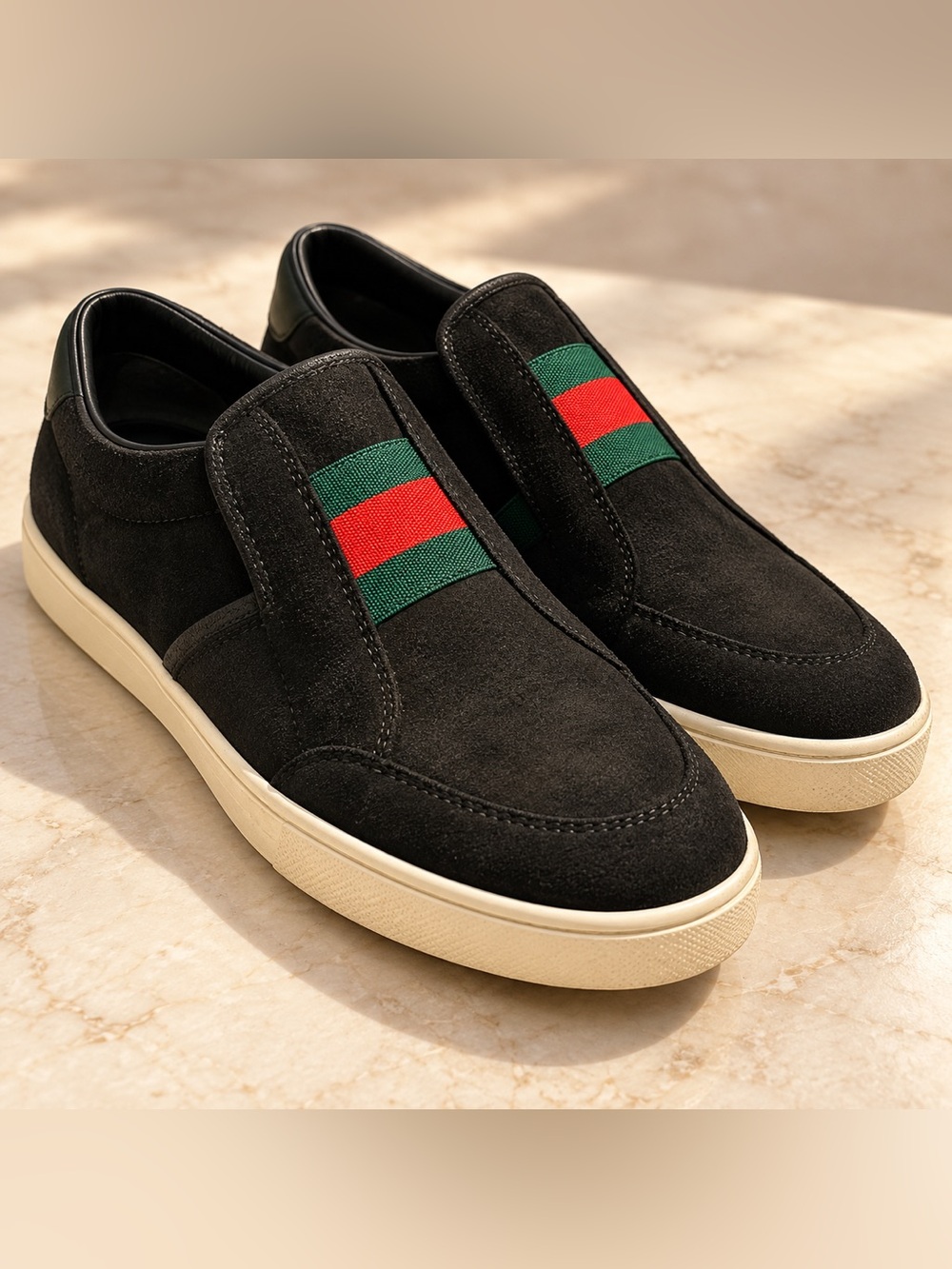 Gucci Black Suede Web Stripe Slip-On Sneakers Size 38 Made in Italy